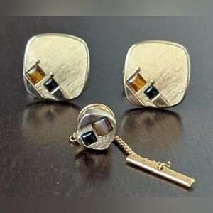 Vintage Art Deco Square Swank Gold Tone Black And Amber Cuff Links And Tie Pin